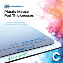 illustration of available backing thicknesses for hard top mouse pads showing this mouse pad has a 2.5 mm (1/8") backing