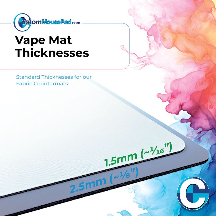 illustration of available backing thicknesses for custom vape mats showing this vape mat has a 2.5 mm (1/8") rubber backing