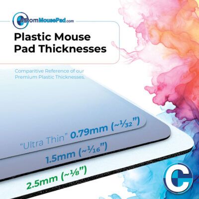 illustration of available backing thicknesses for hard top mouse pads showing this mouse pad has a 2.5 mm (1/8") backing