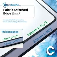 close up of stitching and thickness options for custom mats with black stitched edges this mat has a 1.5 mm (1/16") rubber backing