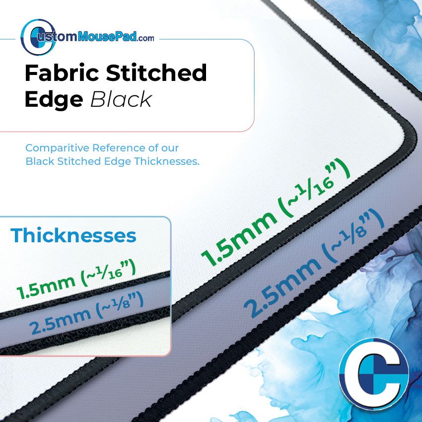 close up of stitching and thickness options for custom mats with black stitched edges this mat has a 1.5 mm (1/16") rubber backing