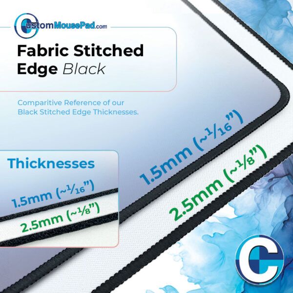close up of stitching and thickness options for custom mats with black stitched edges this mat has a 2.5 mm (1/8") rubber backing