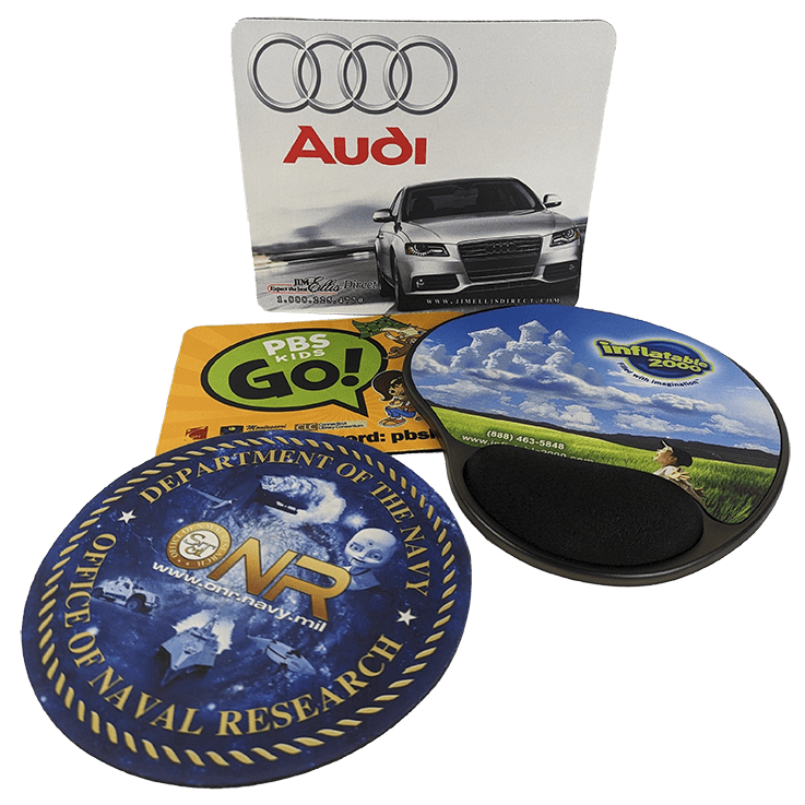 several examples of custom mouse pads produced by custommousepad.com a usa based manufacturer of custom printed pads and mats