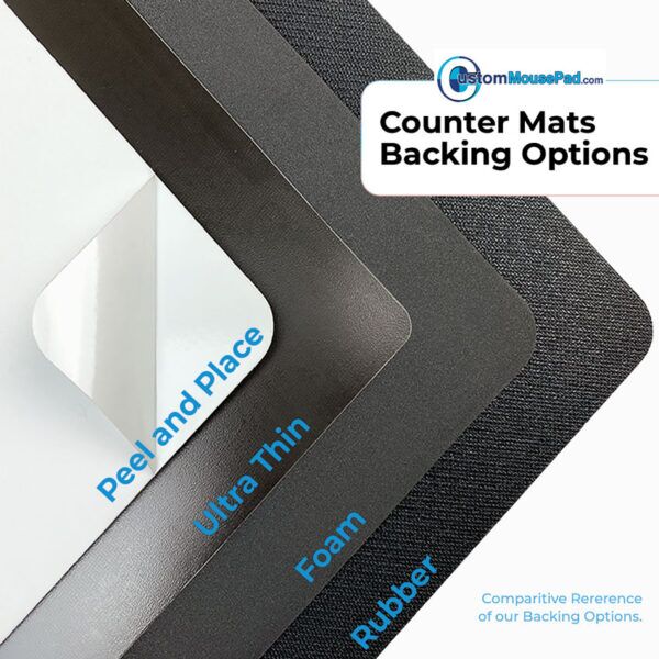 example of all available backing options for plastic counter mats: peel & place re-applicable adhesive, ultra thin pvc, latex free eva foam and heavy duty rubber