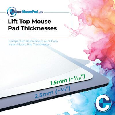 illustration of available backing thicknesses for lift top mouse pads showing this mouse pad has a 1.5 mm (1/16") backing