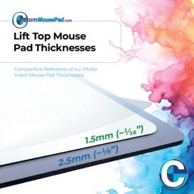 illustration of available backing thicknesses for lift top mouse pads showing this mouse pad has a 1.5 mm (1/16") backing