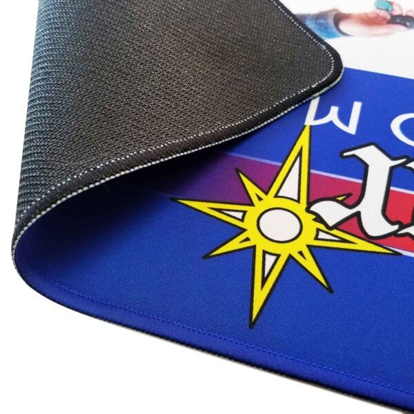 close up of the rubber backing and sublimation printed stitching on a 1.5mm (1/16") custom printed mat