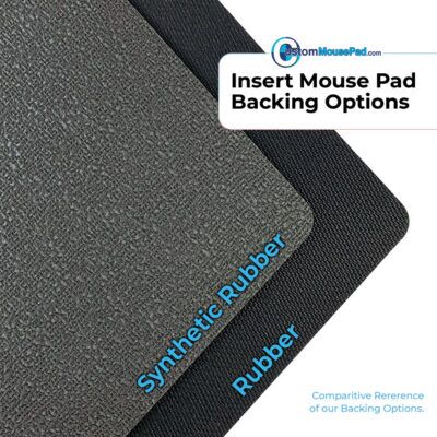 example of all available backing options for photo insert mouse pads: synthetic rubber and heavy duty rubber