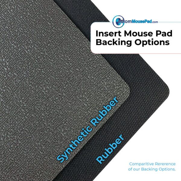 example of all available backing options for photo insert mouse pads: synthetic rubber and heavy duty rubber
