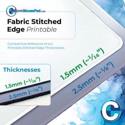 close up of stitching and thickness options for printable stitched edge mats showing this mat has a 1.5 mm (1/16") rubber backing
