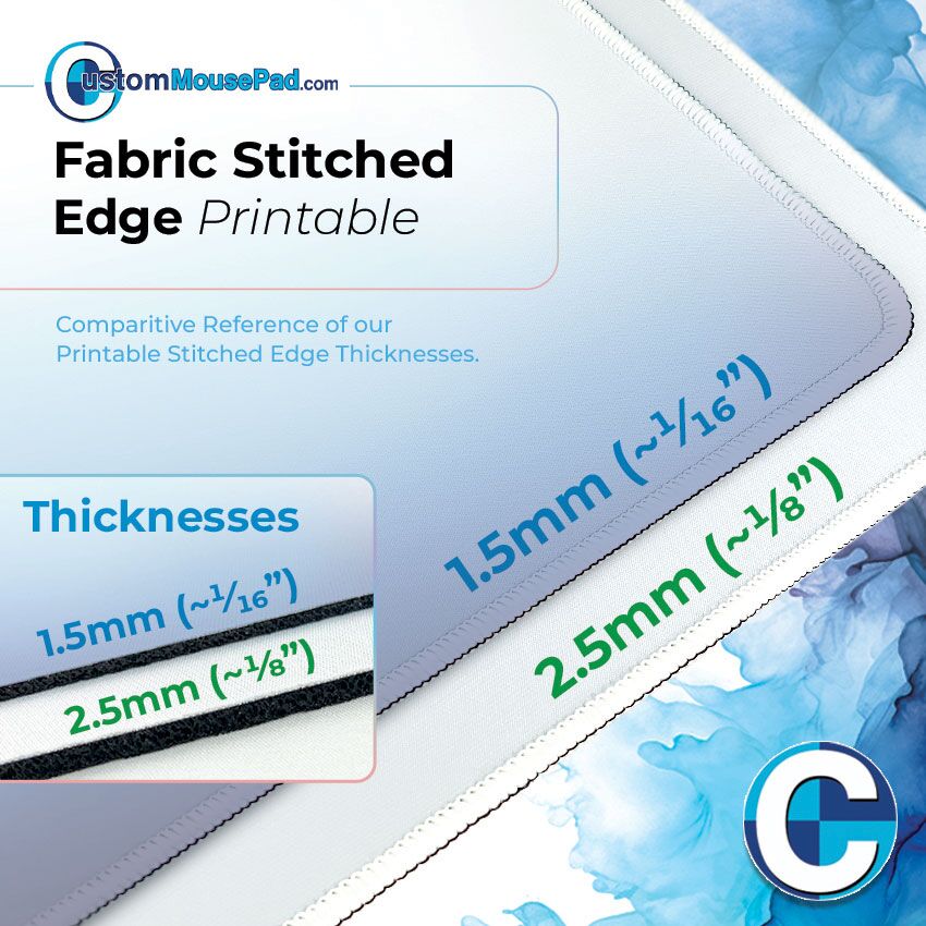 close up of stitching and thickness options for printable stitched edge mats showing this mat has a 2.5 mm (1/8") rubber backing