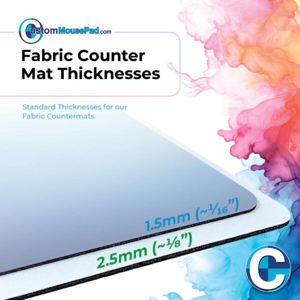 illustration of available backing thicknesses for fabric counter mats showing this counter mat has a 2.5 mm (1/8") rubber backing