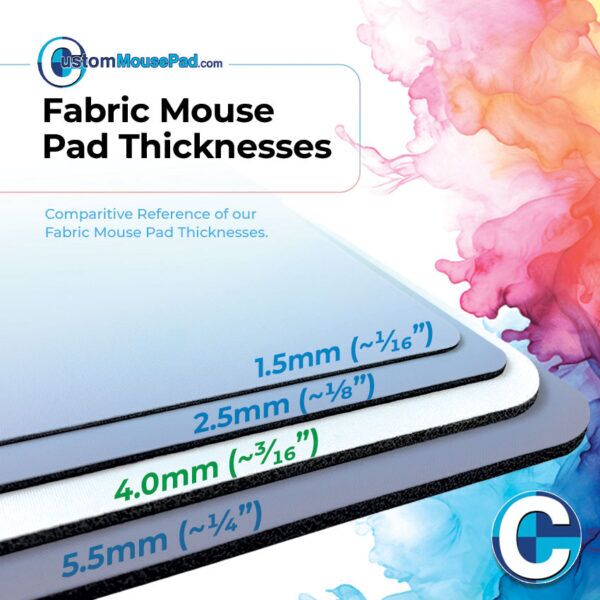 illustration of available backing thicknesses for fabric custom mouse pads showing this mouse pad has a 4 mm (3/16") rubber backing