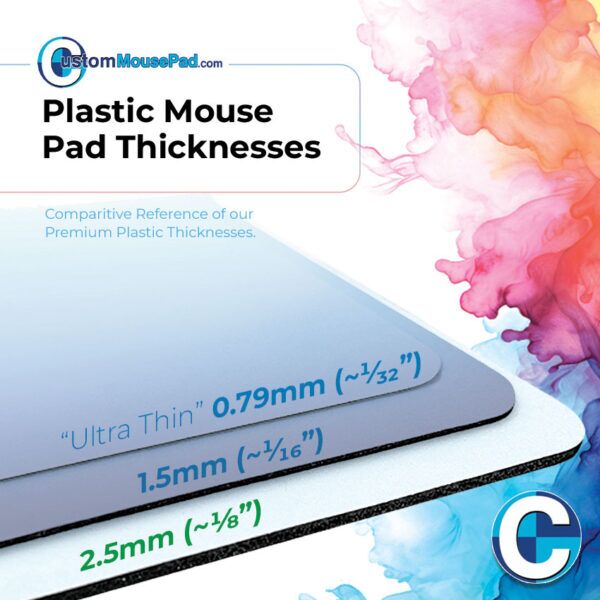 illustration of available backing thicknesses for hard top mouse pads showing this mouse pad has a 2.5 mm (1/8") backing