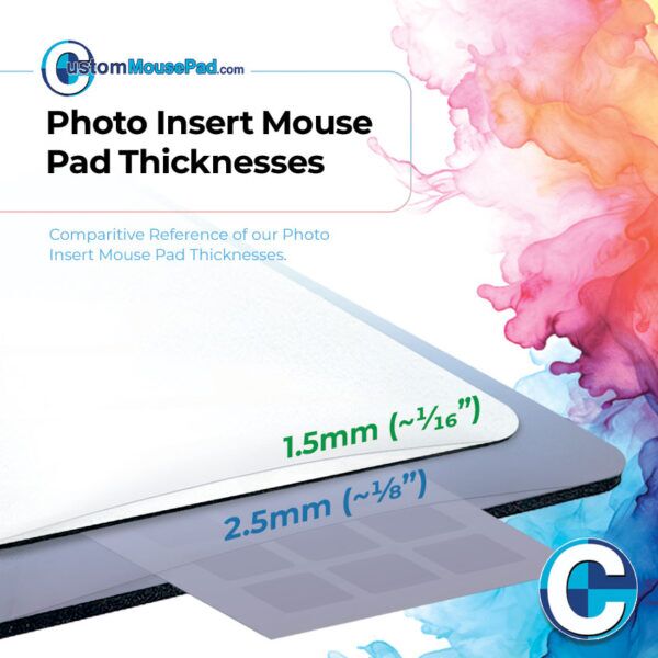 illustration of available backing thicknesses for insert mouse pads showing this mouse pad has a 1.5 mm (1/16") backing