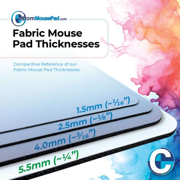 illustration of available backing thicknesses for fabric custom mouse pads showing this product has a 5.5 mm (1/4") rubber backing