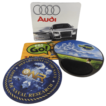 several examples of custom mouse pads produced by custommousepad.com a usa based manufacturer of custom printed pads and mats