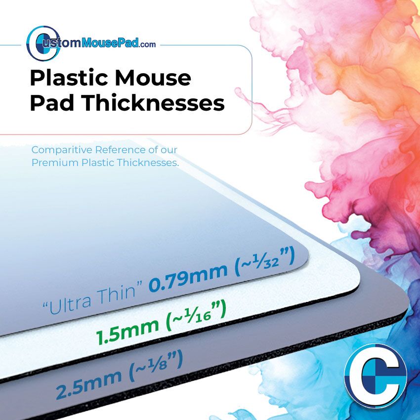 illustration of available backing thicknesses for hard top mouse pads showing this mouse pad has an 1.5 mm (1/16") backing