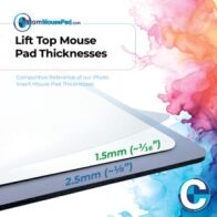 illustration of available backing thicknesses for lift top mouse pads showing this mouse pad has a 1.5 mm (1/16") backing