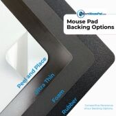 example of all available backing options for plastic mouse pads: peel & place re-applicable adhesive, ultra thin pvc, latex free eva foam and heavy duty rubber