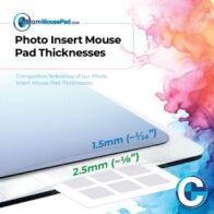 illustration of available backing thicknesses for insert mouse pads showing this mouse pad has a 2.5 mm (1/8") backing